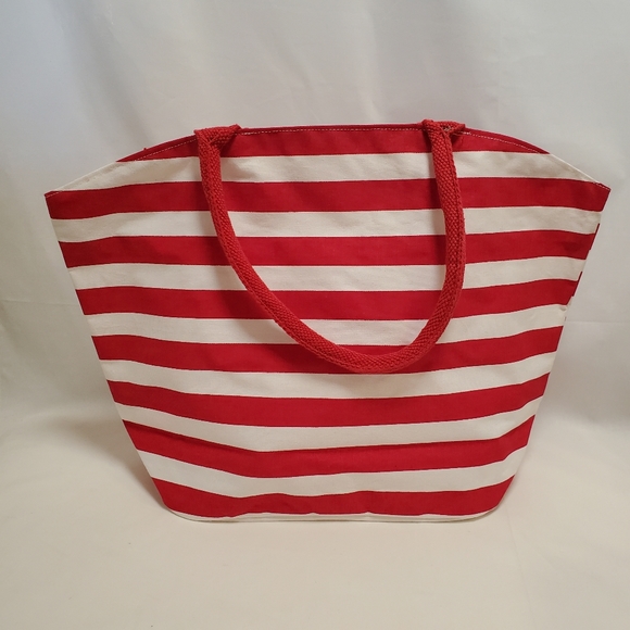 Adobe Canvas Tote Bag with Zipper Red and White Stripes - Picture 2 of 9